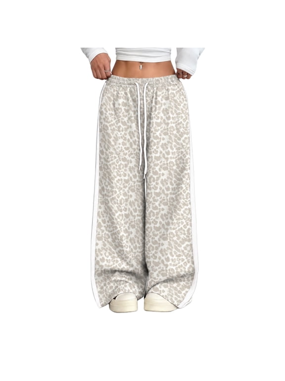 Womens Leopard Pants Side Striped Wide Leg Trousers Elastic High Waist Drawstring Cheetah Sweatpants with Pockets Casual Loose Fit Fall Fashion Lounge Pants,Beige L