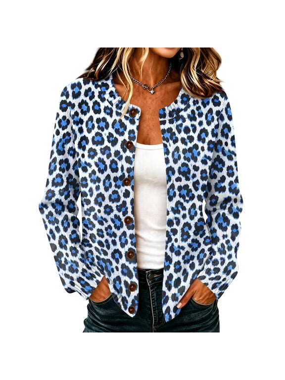 Womens Leopard Print Cardigan Sweater Button Down Crew Neck Long Sleeve Casual Knit Cardigan for Fall Outfits,Blue M