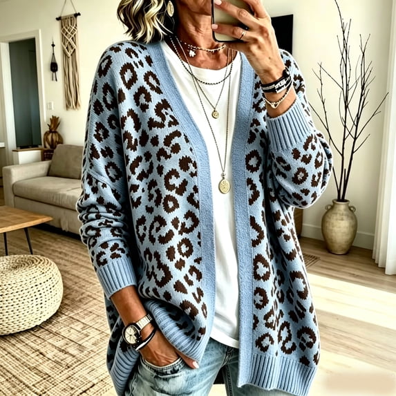 Dweltoz Womens Leopard Print Cardigan Sweater Open Front V Neck Knitted Cardigan Long Sleeve Button Down Sweater 2026 Fuzzy Plus Size Cozy Fall Sweater Outerwear