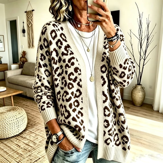 Dweltoz Womens Leopard Print Cardigan Sweater Open Front V Neck Knitted Cardigan Long Sleeve Button Sweater 2026 Y2k Plus Size Cozy Fall Sweaters Coat