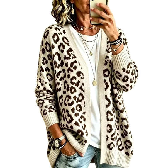 Dweltoz Womens Leopard Print Cardigan Sweater Open Front V Neck Knitted Cardigan Sweater Long Sleeve Button Down Fall Sweaters Coat Y2k Plus Size Chunky Fall Sweater Outerwear