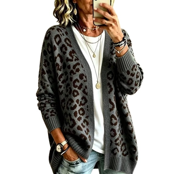 Dweltoz Womens Leopard Print Cardigan Sweater Open Front V Neck Knitted Cardigan Sweater Long Sleeve Button Sweaters Y2k Oversized Cozy Sweater 2026