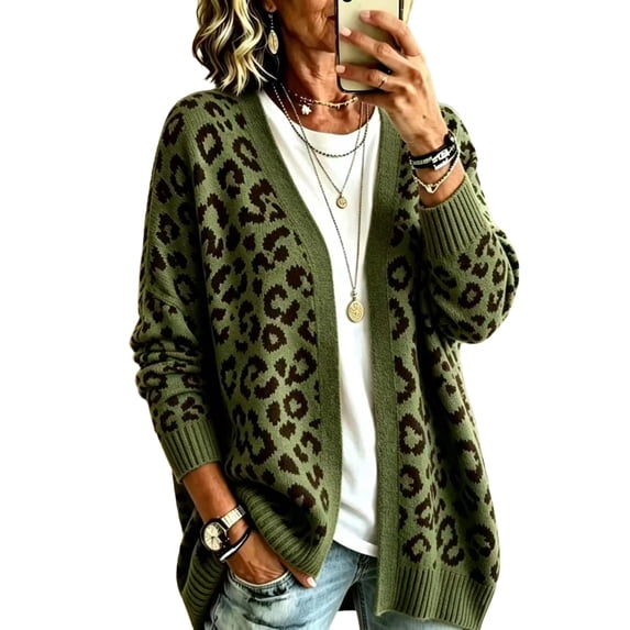 Dweltoz Womens Leopard Print Cardigan Sweater V Neck Open Front Knitted Cardigan Button Down Fuzzy Y2k Fall Sweaters Coat Plus Size Cozy Fall Sweater Outerwear