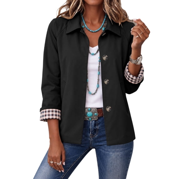 Dweltoz Womens Lightweight Cropped Trench Jacket Lapel Collar Button Down Barn Coat Plaid Lining Casual Short Outerwear Spring Fall Work Travel Windbreaker Coat,Black L
