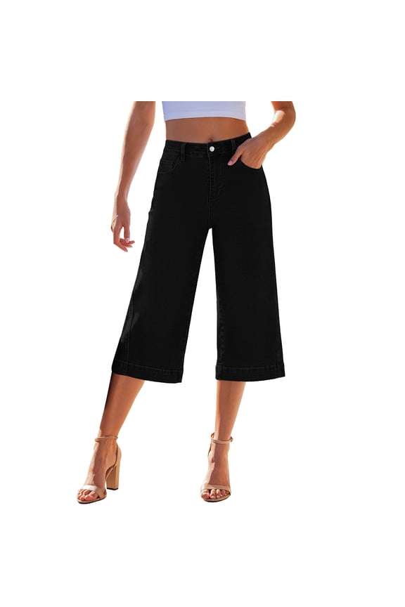 Womens Long Jorts Baggy Mid High Waisted Side Seam Stretchy Denim Summer Trendy Y2k Capris Pants with Pocket,Black 2XL