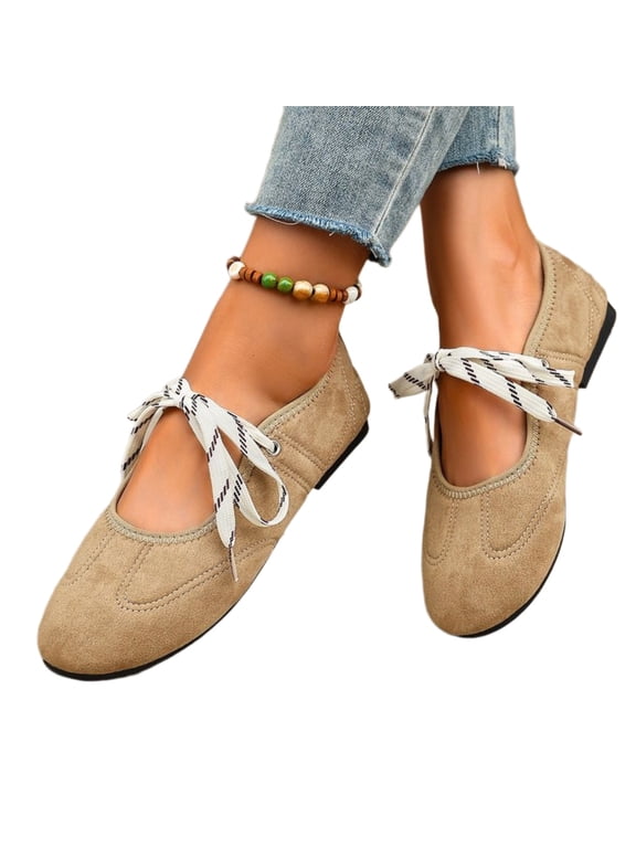 Womens Mary Jane Flats Round Toe Lace‑Up Bow Knot Dressy Casual Ballet Flats Comfortable Slip On Low Heel Shoes with Cross Straps,Khaki 8.5