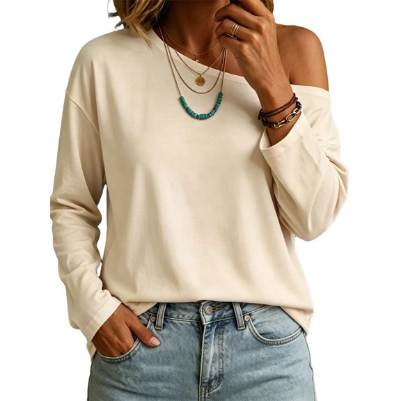 Dweltoz Womens Off The Shoulder Tops Sweatshirts Lightweight Oversized Pullovers Long Sleeve Y2k Loose Fit Tunic Tops,Beige XL