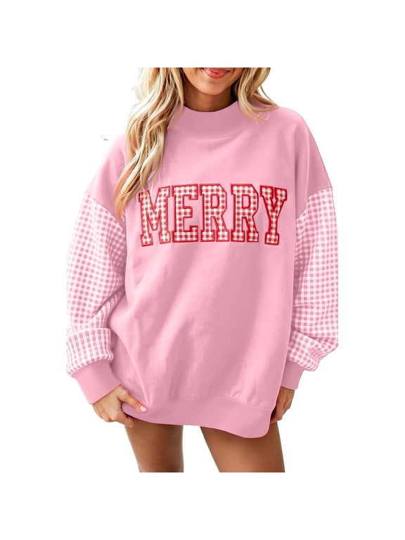 Womens Oversized Christmas Sweatshirt Merry Gingham Sleeve Crew Neck Letter Applique Pullover Top Casual Fall Winter Holiday,Pink 2XL