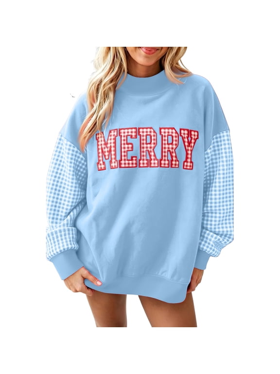 Womens Oversized Christmas Sweatshirt Merry Gingham Sleeve Crew Neck Letter Applique Pullover Top Casual Fall Winter Holiday,Sky Blue L