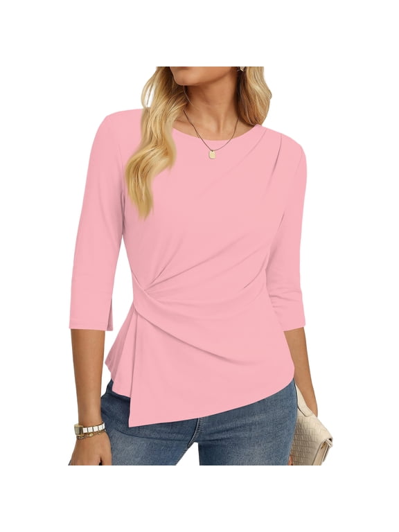 Womens Peplum Blouse 3/4 Sleeve Crewneck Blouse Ruffle Trim Pleated Tshirts Casual Work Dressy Trendy Clothing,Pink L