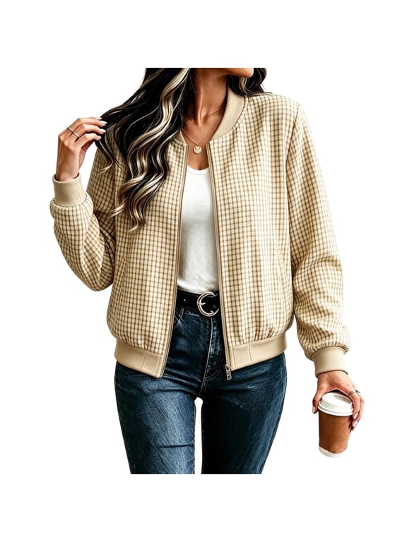 Womens Plaid Bomber Jacket Zip Up Stand Collar Coat Long Sleeve Sweatshirt Jacket with Pockets Casual Loose Fit Baseball Tops,Beige S