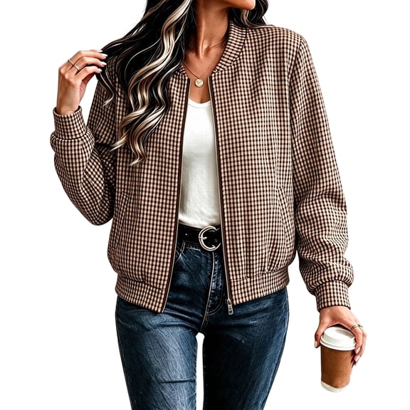 Dweltoz Womens Plaid Bomber Jacket Zip Up Stand Collar Coat Long Sleeve Sweatshirt Jacket with Pockets Casual Loose Fit Baseball Tops,Brown 3XL