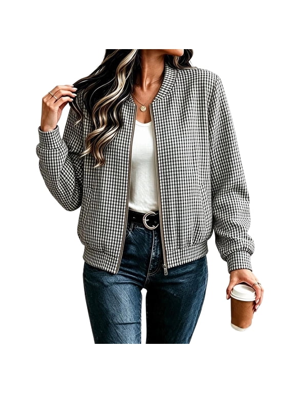 Womens Plaid Bomber Jacket Zip Up Stand Collar Coat Long Sleeve Sweatshirt Jacket with Pockets Loose Fit Casual Fall Baseball Tops,Gray S