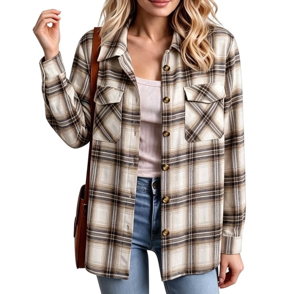 Dweltoz Womens Plaid Shirts Button Down Blouses Roll Up Long Sleeve Plaid Shackets Casual Loose Fit Fall Shirts Business Trendy Tops With Pockets,Khaki S