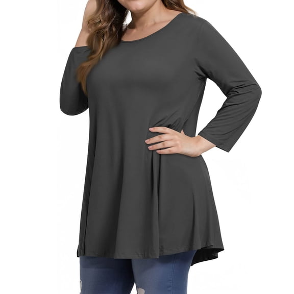 Dweltoz Womens Plus Size T Shirts Summer Crew Neck Tunic Tops 3/4 Sleeve T-Shirts Loose Fit Cotton Soild Color Tunics Blouses,Dark Gray XL
