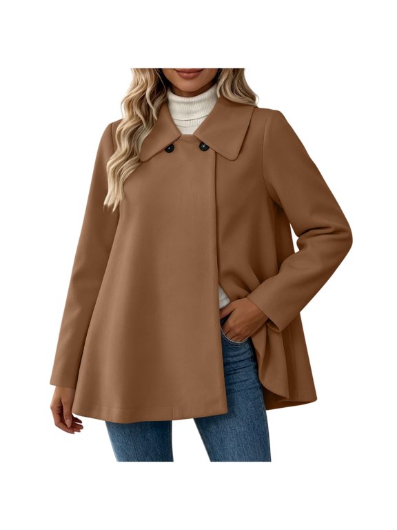 Womens Swing Coat Button Front Peter Pan Collar Peacoat Long Sleeve A Line Cape Jacket with Pockets Elegant Business Casual Warm Coats,Brown S