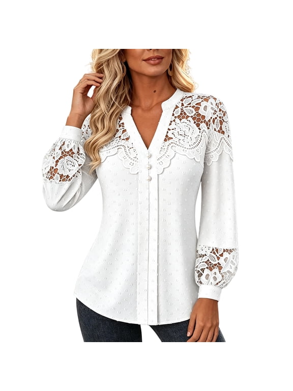 Womens V Neck Lace Panel Blouse Long Sleeve Pearl Button Front Top Textured Tunic Shirt with Regular Fit,White S