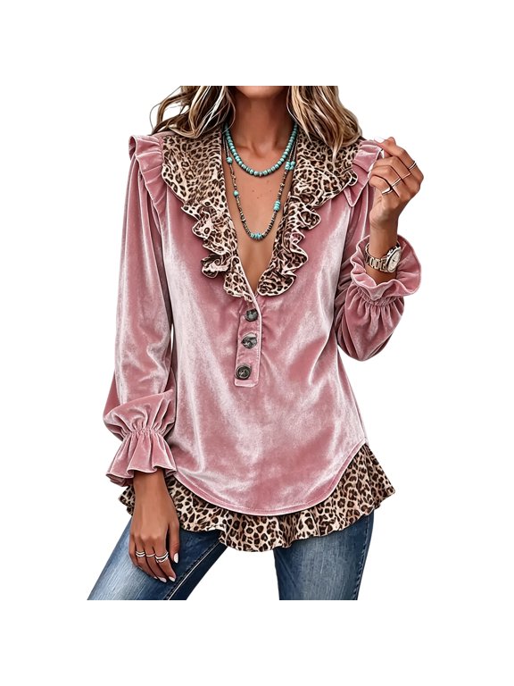 Womens Velvet V Neck Blouse Long Sleeve Ruffle Cuff Tunic Top Leopard Trim Button Down Casual Dressy Shirt Loose Fit Flowy Work Fall Tops,Pink 2XL