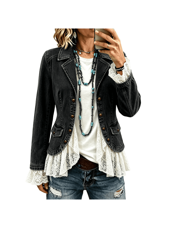 Womens Vintage Jean Jacket Lace Hem Boho Denim Blazer Notch Collar Button Down Western Jacket Fall Trendy Long Sleeve Trucker,Black 2XL