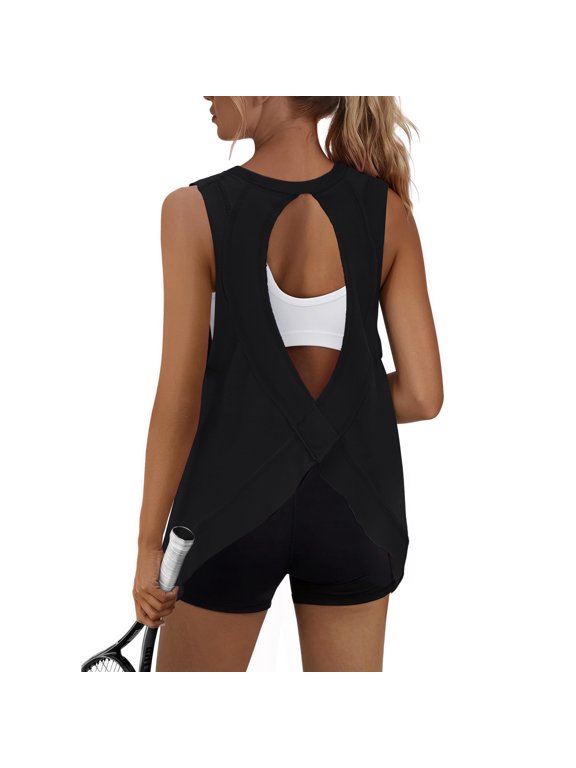 Workout Tank Tops for Women Cross Backless Sleeveless Loose Fit Athletic Tops Athletic Yoga Gym Running Shirts,Black S