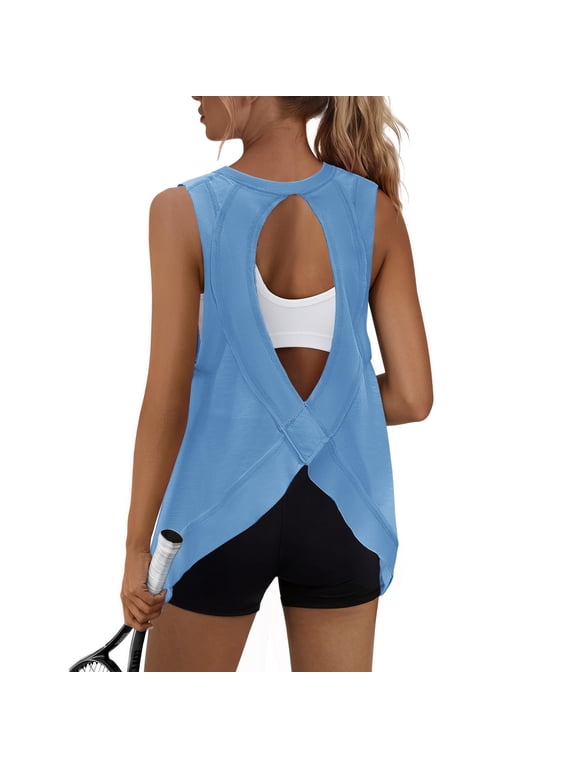 Workout Tank Tops for Women Cross Backless Sleeveless Loose Fit Athletic Tops Athletic Yoga Gym Running Shirts,Blue M