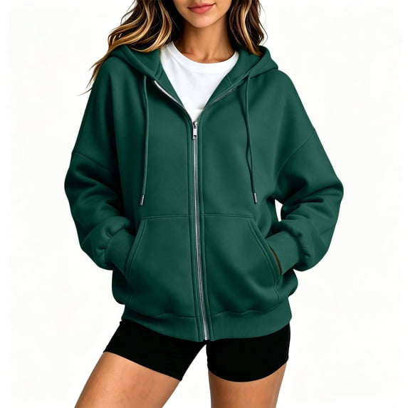 Dweltoz Zip Up Hoodies for Women Oversized Casual Sweatshirts Cute Full Zip Cozy Jackets with Pockets Fall Winter Long Sleeve Hooded Clothes,Dark Green S