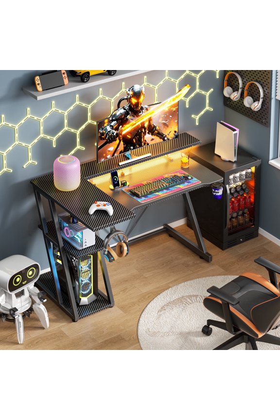 39" Black Pro L-Shaped Gaming Desk, Home Furniture Gaming Station