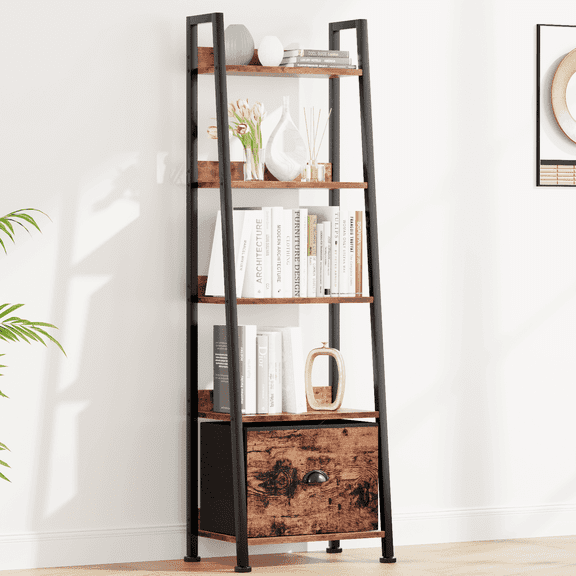 Dwezzo Furniture Shelves Ladder Bookshelf With Drawer, Leaning Bookcase, 55.3", Rustic Brown