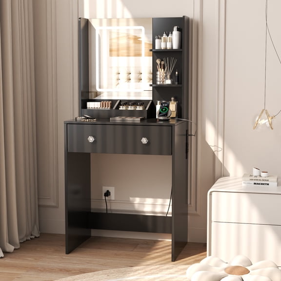 Dwezzo Vanity Set with Charging Station, Lighted Mirror & Stool, Dressing Tables with Drawers, Black