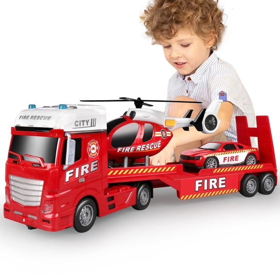Dwi Dowellin 25.6" Semi Truck Toy with Racing Car and Helicopter for Kids Toddlers - Fire Toys,Birthday Gifts for Boy Toddler Child 2 3 4 5 6 Years Old