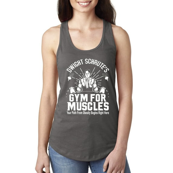 Dwight Schrute's Gym for Muscles Pop Culture Ladies Racerback Tank Top, Dark Grey, Medium