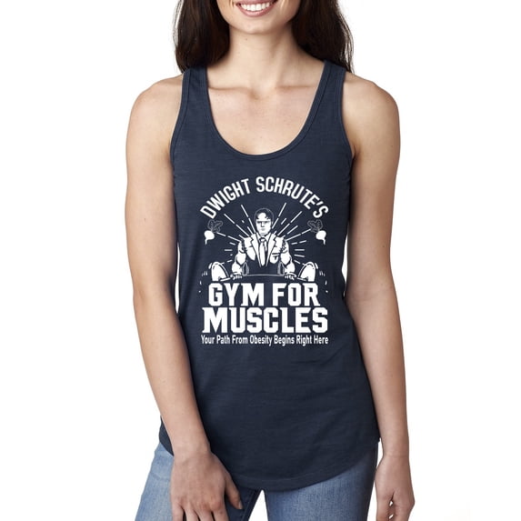 Dwight Schrute's Gym for Muscles Pop Culture Ladies Racerback Tank Top, Navy, X-Large