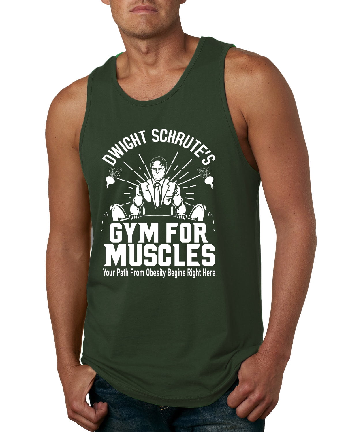 Dwight Schrute s Gym for Muscles Pop Culture Mens Graphic Tank Top Forest Green X Large