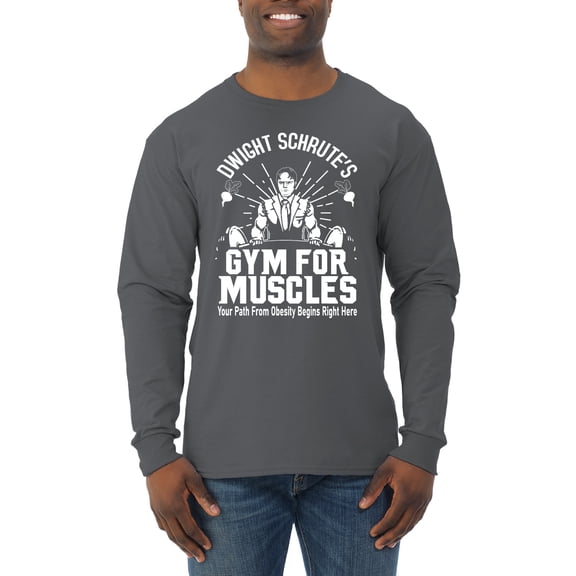 Dwight Schrute's Gym for Muscles Pop Culture Mens Long Sleeve Shirt, Charcoal, Large