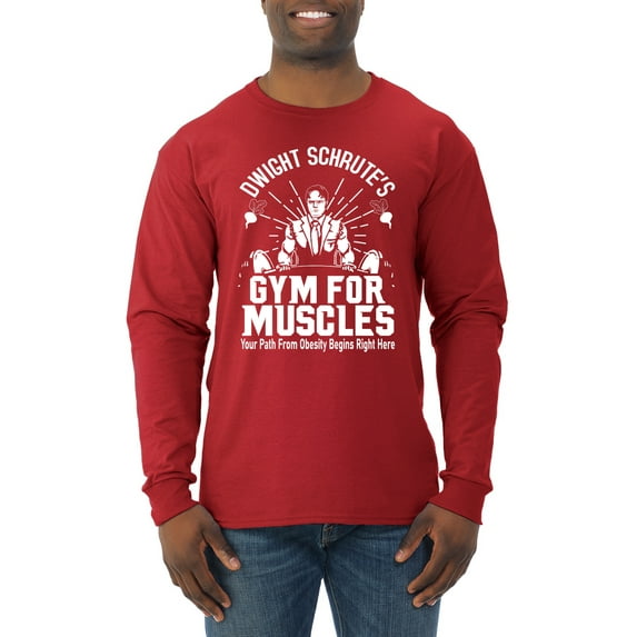 Dwight Schrute's Gym for Muscles Pop Culture Mens Long Sleeve Shirt, Red, Medium
