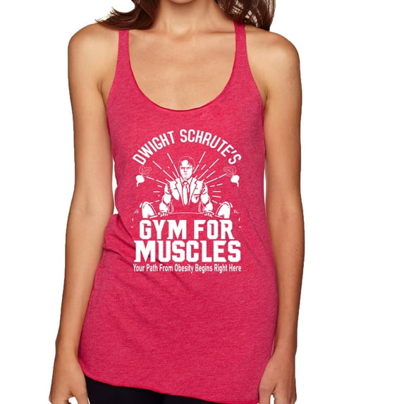 Dwight Schrute's Gym for Muscles Pop Culture Tri-Blend Racerback Tank Top, Shocking Pink, Medium