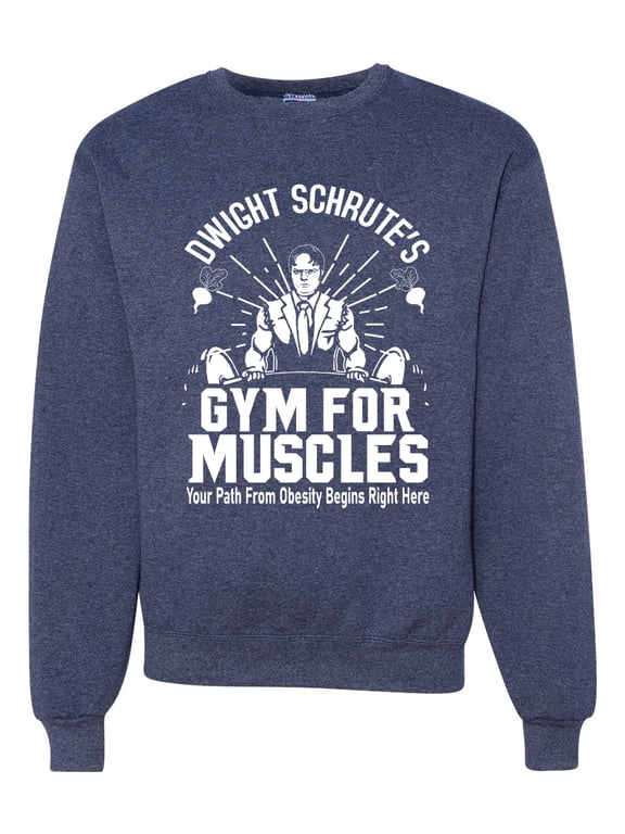 Dwight Schrute's Gym for Muscles Pop Culture Unisex Crewneck Graphic Sweatshirt, Vintage Heather Navy, Large