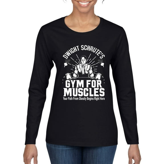 Dwight Schrute's Gym for Muscles Pop Culture Womens Graphic Long Sleeve T-Shirt, Black, Small