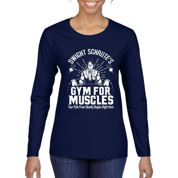 Dwight Schrute's Gym for Muscles Pop Culture Womens Graphic Long Sleeve T-Shirt, Navy, X-Large