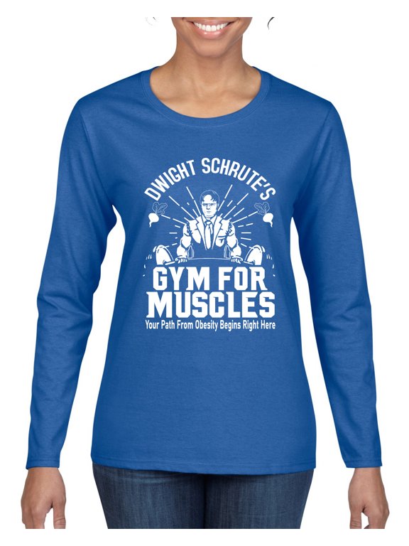 Dwight Schrute's Gym for Muscles Pop Culture Womens Graphic Long Sleeve T-Shirt, Royal, 2XL