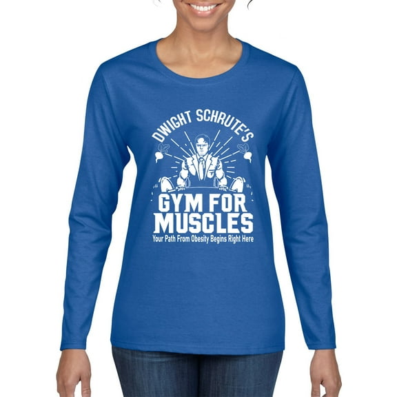 Dwight Schrute's Gym for Muscles Pop Culture Womens Graphic Long Sleeve T-Shirt, Royal, Large