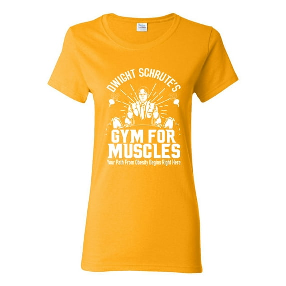 Dwight Schrute's Gym for Muscles Pop Culture Womens Graphic T-Shirt, Gold, Small