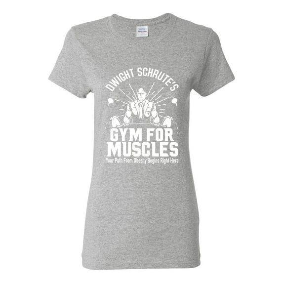 Dwight Schrute's Gym for Muscles Pop Culture Womens Graphic T-Shirt, Heather Grey, Small