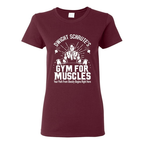 Dwight Schrute's Gym for Muscles Pop Culture Womens Graphic T-Shirt, Maroon, X-Large
