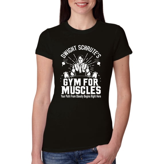 Dwight Schrute's Gym for Muscles Pop Culture Womens Slim Fit Junior Tee, Black, Large