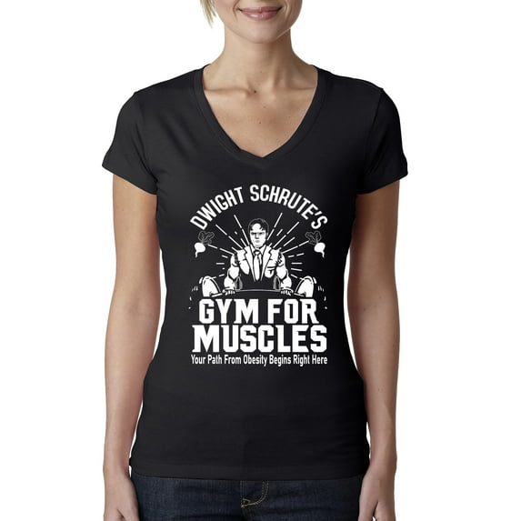 Dwight Schrute's Gym for Muscles Pop Culture Womens V-Neck Tee, Black, Small