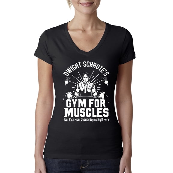 Dwight Schrute's Gym for Muscles Pop Culture Womens V-Neck Tee, Black, Small