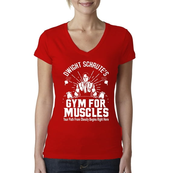 Dwight Schrute's Gym for Muscles Pop Culture Womens V-Neck Tee, Red, 2XL