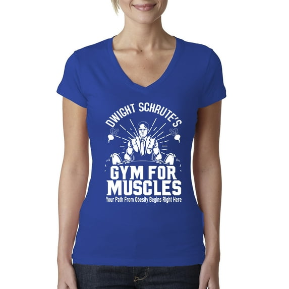 Dwight Schrute's Gym for Muscles Pop Culture Womens V-Neck Tee, Royal, 2XL