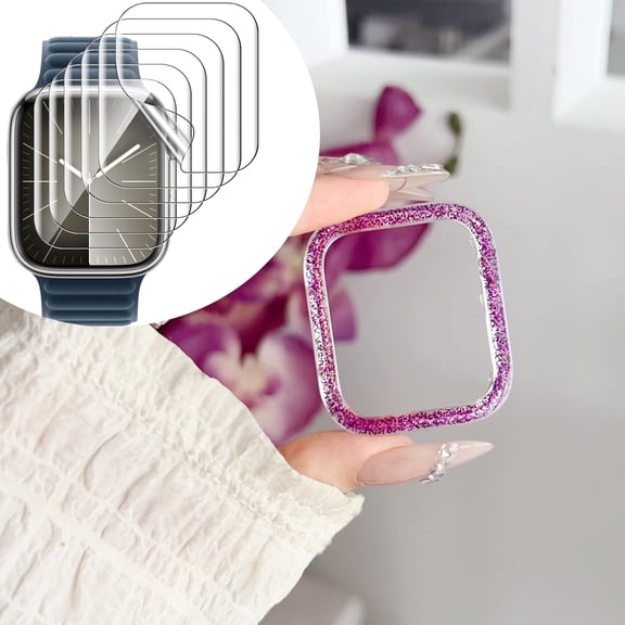 Dwitch 1 Pack Bling Glitter PC Face Case Bumper Cover for Apple iWatch Series 6/5/4/SE 40mm,6 Pack Transparent Soft Film, PC Material with Sparkling Glitter Watch Case Border for Women,Purple